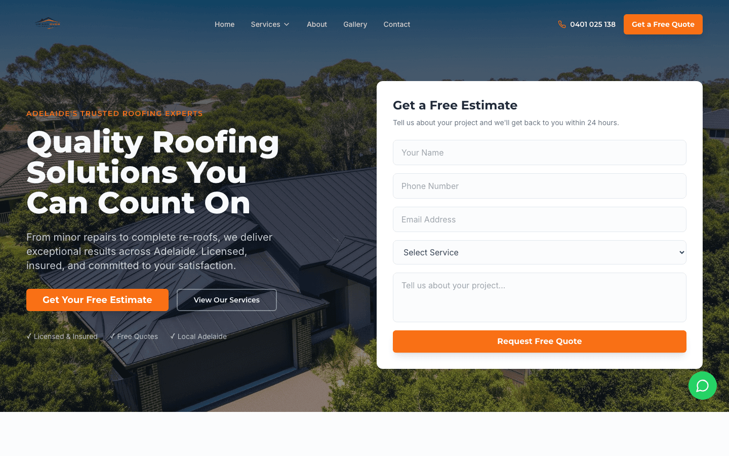Up and Over Roofing website screenshot