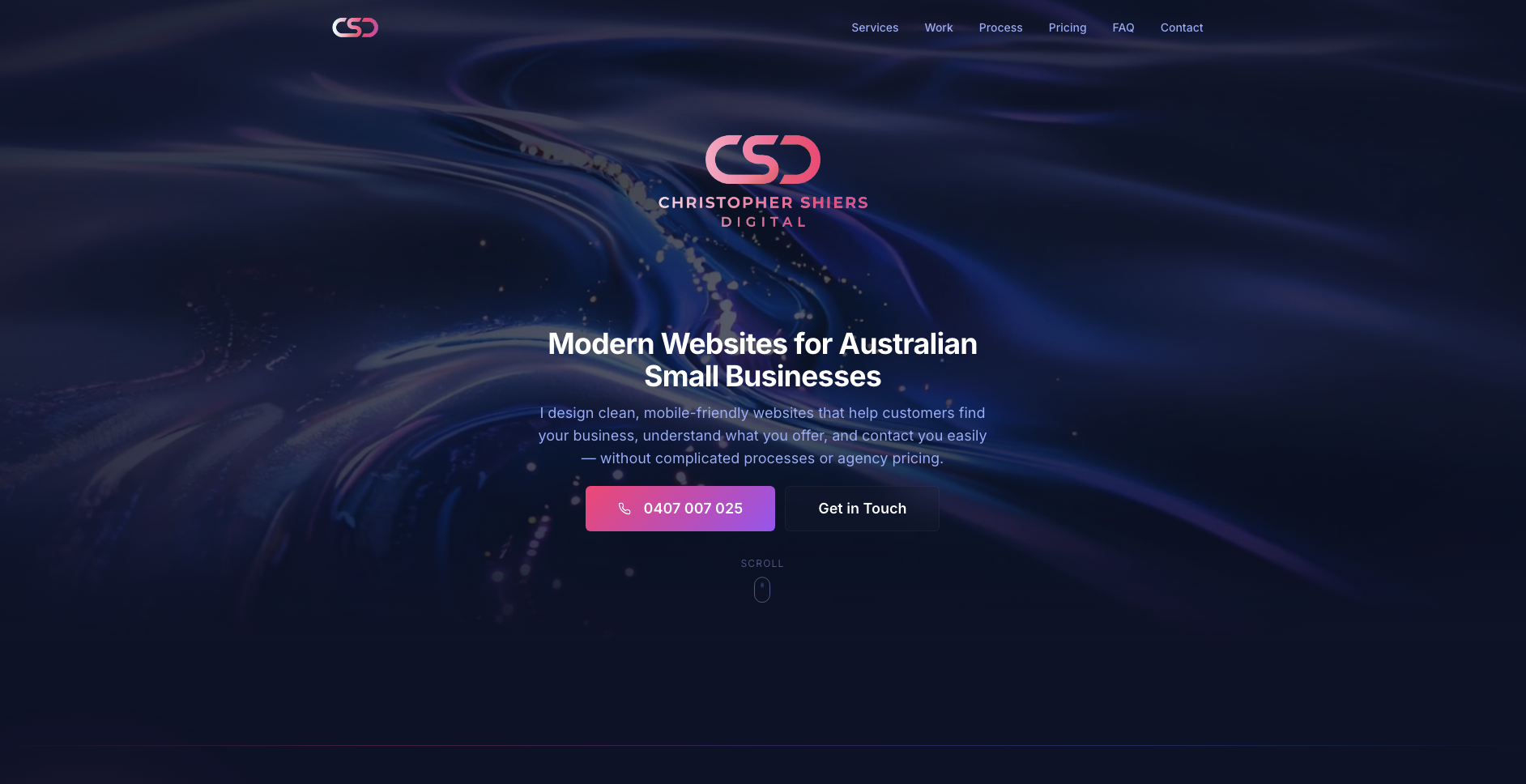 Christopher Shiers Digital website preview showing dark navy background with gradient accents